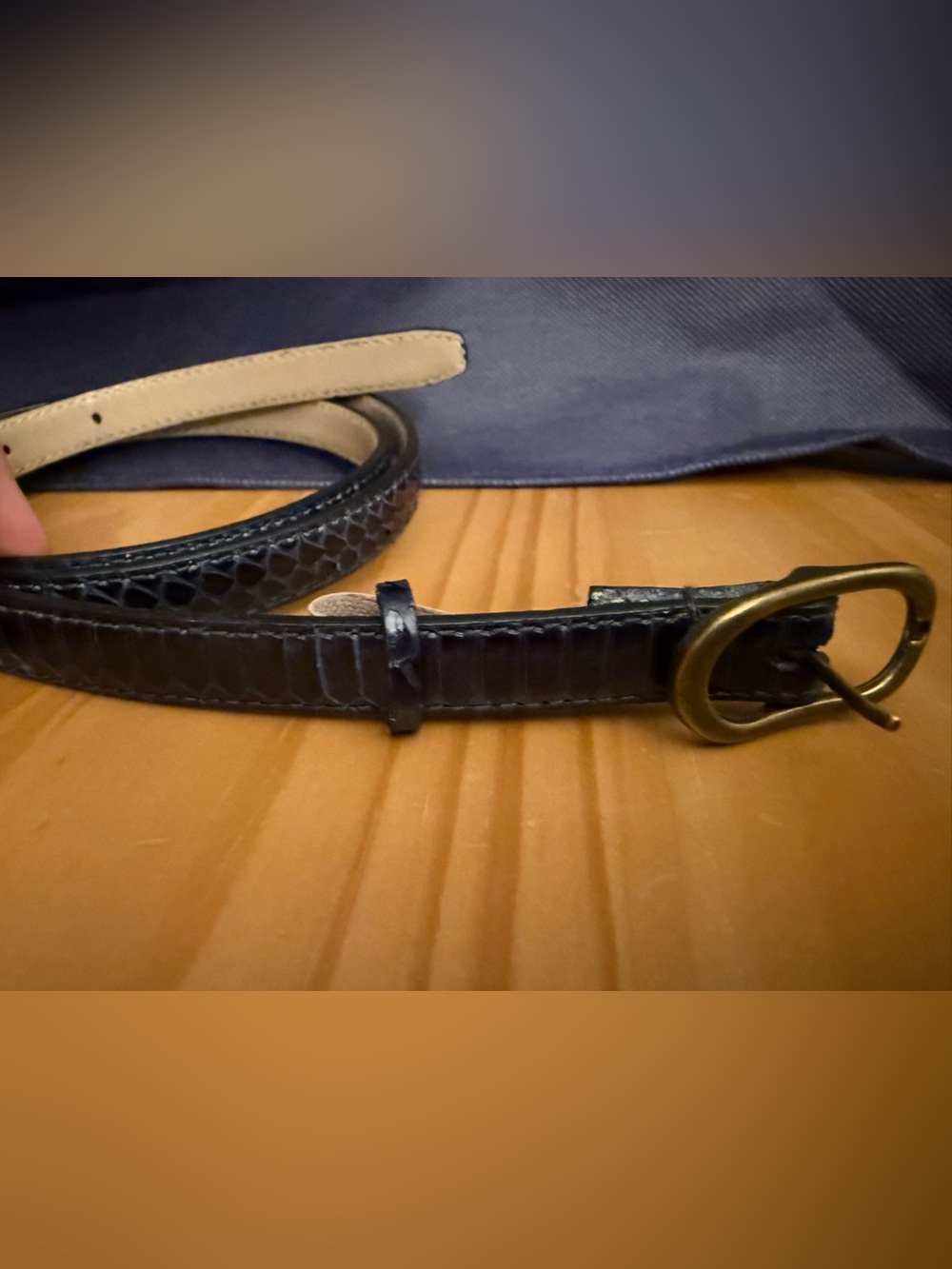 Women's navy Leather Belt with Antiqued Brass Buckle size large